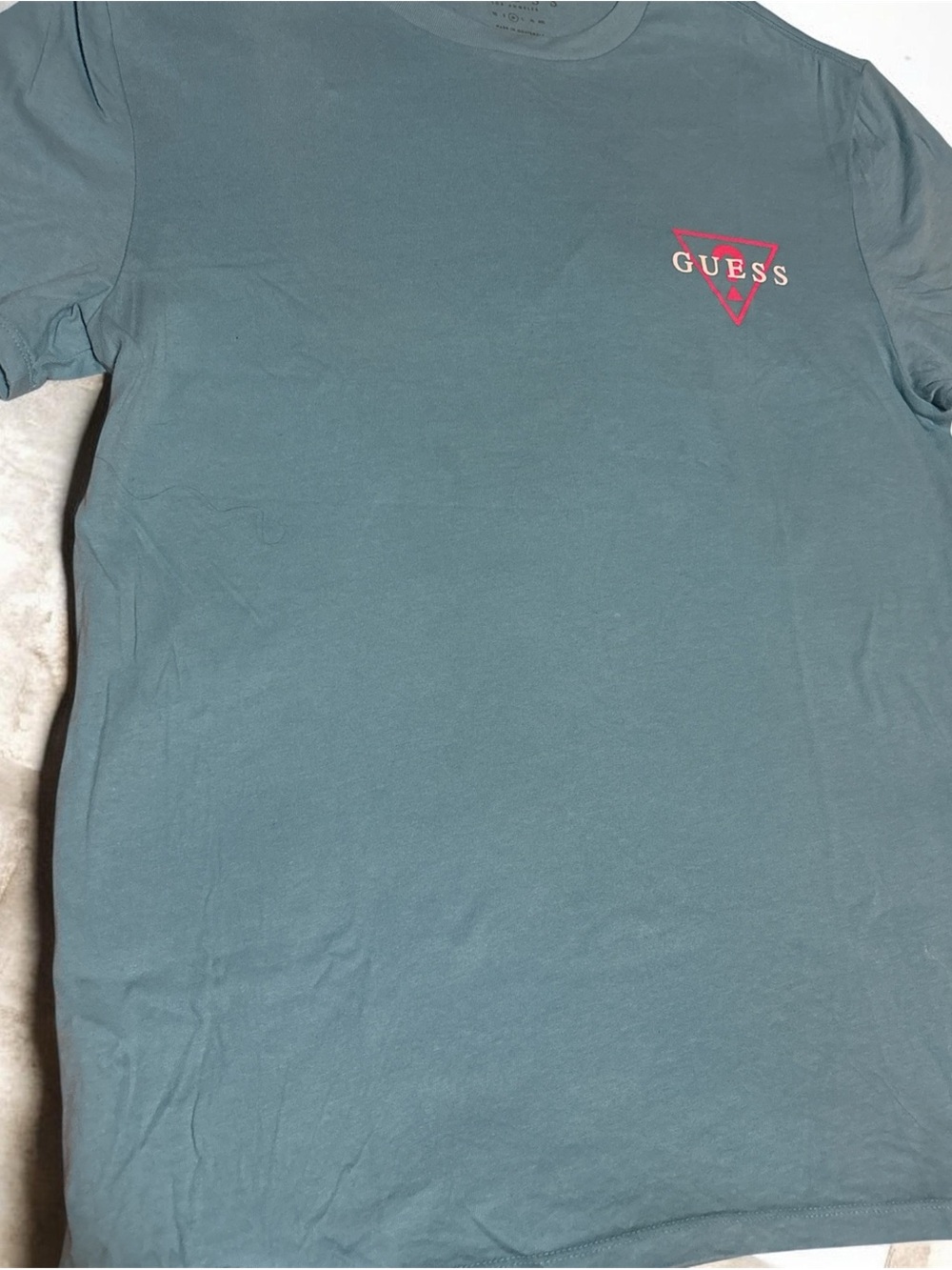 Guess Men's Teal Crew Neck Tee with Pink Logo